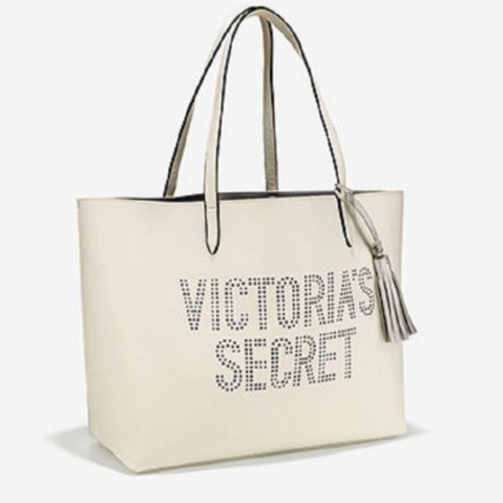 Victoria's Secret Laser Cut Large Logo Tote Bag Faux Leather Open Top White NWT - Picture 9 of 13